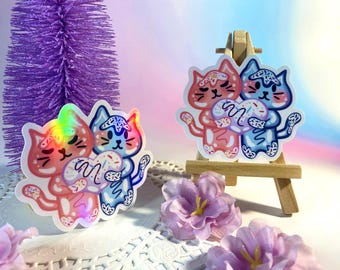 Cat Couple Holding Heart Sticker: Holographic Vinyl, Valentine's Gift