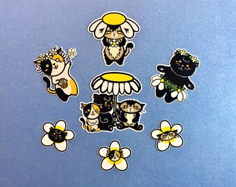 Daisy Cats Sticker Bundle: Handmade Floral Laminated Vinyl Stickers