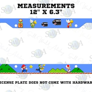 May include: Blue license plate frame with a Super Mario Bros. theme. The frame measures 12 inches by 6.3 inches and features pixelated characters and elements from the game, including Mario, Luigi, and various power-ups. The text "LICENSE PLATE DOES NOT COME WITH HARDWARE" is at the bottom.
