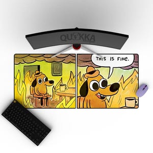 May include: A yellow and orange illustrated meme featuring a dog with large eyes in a burning room. The dog is sitting in a chair and says "This is fine."