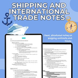 Könnte beinhalten: Digitale Illustration mit dem Text "SHIPPING AND INTERNATIONAL TRADE NOTES" und "Clear, structured notes on shipping contracts and trade." Enthält ein Kreuzfahrtschiff, Anker und Kompass.