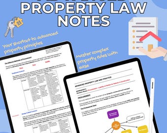 May include: Digital illustration featuring two tablets displaying property law notes, with the text "ADVANCED PROPERTY LAW NOTES." One tablet shows "The Different Methods of Procurement." The other tablet shows "ADVANCED PROPERTY LAW AND PRACTICE."