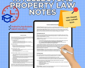 May include: An image of two tablets displaying "INTELLECTUAL PROPERTY LAW NOTES". One tablet shows text, the other has a sticky note that says "1491 PAGES 1064 COPIES SOLD". The image also includes a clock and graduation cap icon.
