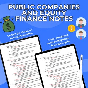 May include: Two tablets displaying financial notes with the text "PUBLIC COMPANIES AND EQUITY FINANCE NOTES." The image includes a money bag graphic, a dollar sign, and the text "Perfect for exams or real-world practice."