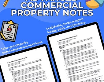 May include: A digital tablet displays text about commercial property notes, with the title "Advanced Commercial Property Notes." The image includes a key, a clipboard, and a pie chart, all set against a blue background. The text promises to help tackle complex leases, sales, and financing.