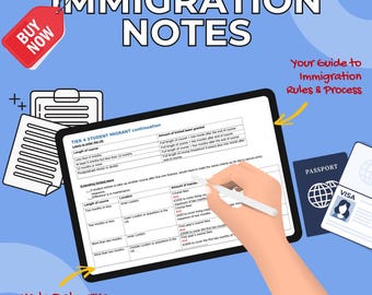 May include: A digital tablet displaying immigration notes, with the title "Immigration Notes" at the top. The image includes a passport, visa, and the text "Buy Now". The text "Up-to-Date, Exam-Ready Notes" is also visible.