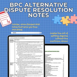 May include: An image of a digital tablet and a laptop showing legal notes on Alternative Dispute Resolution (ADR). Text includes "BPC ALTERNATIVE DISPUTE RESOLUTION NOTES" and "Concise, exam-focused ADR notes that save you time and stress."