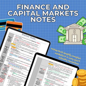 Può includere: Tablet digitali che mostrano appunti su finanza e mercati dei capitali, con testo e diagrammi. Include un'illustrazione di banca, denaro e carte di credito. Gli appunti mirano a semplificare mercati complessi.