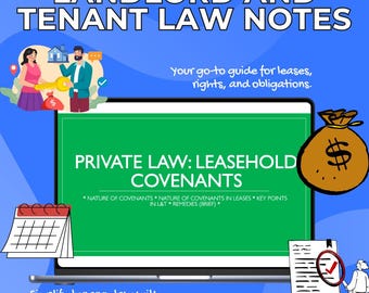 Op de afbeelding: Een digitale afbeelding met de tekst "LANDLORD AND TENANT LAW NOTES" en "PRIVATE LAW: LEASEHOLD COVENANTS". De afbeelding bevat illustraties van een huis, een sleutel, een geldbuidel, een kalender en een document met een vinkje.