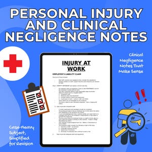 Puede incluir: Una tableta digital muestra notas sobre "Lesiones en el trabajo", parte de una guía de estudio sobre lesiones personales y negligencia clínica. La imagen incluye una portapapeles con marcas de verificación, una cruz médica y texto.