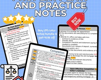 May include: A collection of LPC PLP notes, featuring text on property law and practice. The image includes notes, diagrams, and a "Buy Now" tag. The notes are on a blue background with text in white and black.