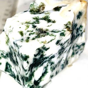 May include: A large, rough, white and green moss agate stone. The stone has a natural, irregular shape and is covered in green moss-like patterns.