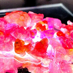 May include: A cluster of pink and red ruby crystals, some with a slight orange hue, are displayed on a black surface. The crystals are arranged in a loose, natural formation.