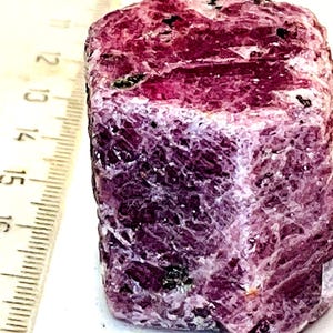 Peut inclure: Une grosse pierre précieuse de rubis rouge foncé rugueuse avec une teinte légèrement violette. Le rubis mesure environ 3,8 cm de long et est à côté d'une règle.