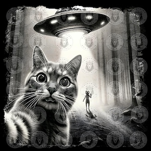 Selfie drôle de chat avec la conception d'OVNI extraterrestre PNG, graphique de T-shirt drôle, chemise de meme de chat extraterrestre de science-fiction, conception numérique de rencontre d'extraterrestre drôle PNG