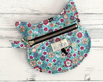 Cat Shaped Coin Purse, Handmade Floral Pattern Coin Pouch with Zipper, Kawaii Multipurpose Purse for Cat Lovers