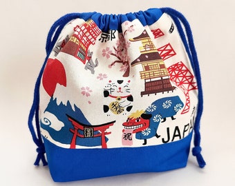 Japanese Drawstring Bag - Multipurpose Pouch Bag - Japanese Landmarks Print Fabric Cotton Drawstring Bag