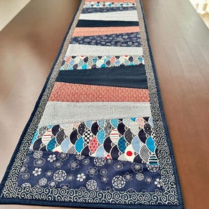 May include: A rectangular table runner with a patchwork design. The runner features various fabrics in shades of blue, coral, grey, and white. The design includes floral, geometric, and wave patterns. The edges are trimmed with a dark blue border.