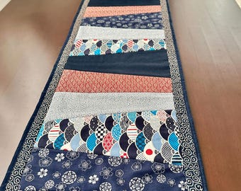 Japanese Fabric Patchwork Table Runner - Harmony Blue Handmade Table Runner for Dining Table Decoration, Housewarming Gift