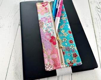 Japanese fabric Pen Case for Notebook or Planner, Handmade Pencil Holder with Elastic