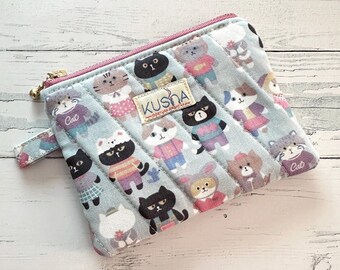 Quilted Coin Purse, Cat Pattern Multipurpose Coin Pouch with Metallic Gold Zipper, Handmade Gift for Cat Lovers