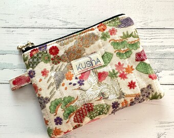 Japanese Fabric Coin Purse, Japanese Pattern Handmade Multipurpose Purse with Metallic Gold Zipper