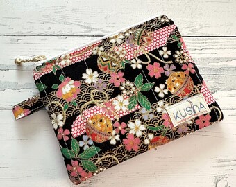 Japanese Fabric Coin Purse, Japanese Pattern Multipurpose Purse with Metallic Gold Zipper, Floral Pattern Coin Pouch