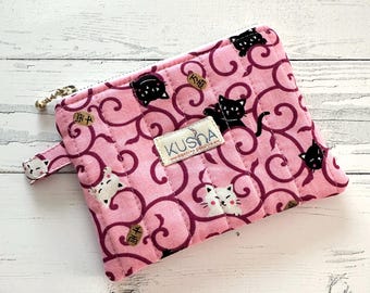 Quilted Coin Purse, Cat Pattern Handmade Multipurpose Coin Pouch with Metallic Gold Zipper