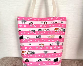 Cute Cat Print Tote Bag, Japanese Fabric Multipurpose Bag, Kawaii Cats Pattern Handmade Cotton Bag with Inside Pockets, Bag for Cat Lovers