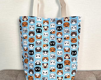 Cute Cat Print Tote Bag, Japanese Fabric Multipurpose Bag, Cat Faces Pattern Handmade Cotton Bag with Inside Pockets, Bag for Cat Lovers