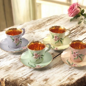 Rare Gold Floral Demitasse Tea Cup Set: Brentwood Embossed Porcelain
