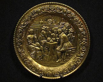 Antique Peerage England 3D Hammered Brass Plate, Medieval Pub Scene, Ornate Wall Decor