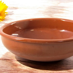 Puede incluir: Un cuenco redondo de cerámica de color terracota con un borde ancho. El cuenco es liso y brillante, con una ligera curva en los lados. Una flor amarilla está en el fondo. El cuenco probablemente se utiliza para servir alimentos.