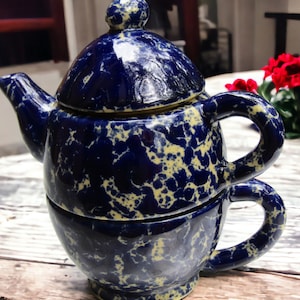 Teapot and Teacup Tea for One,  Set Stacked 7&quot; Tall,  Blue Spongeware Ceramic