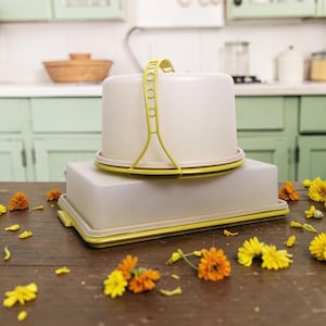 May include: A two-piece plastic food storage container set featuring a rectangular base with a light yellow lid and a round, off-white cake carrier dome with a matching light yellow handle that locks onto the base for secure transport.