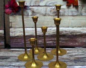 Brass Candlestick Lot of 6 Vintage Skinny Candle Holders Wedding Holiday Decor