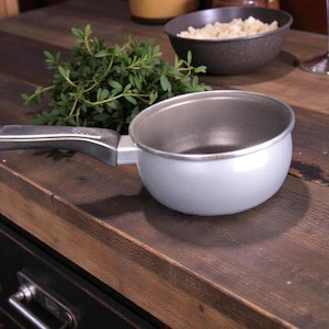Puede incluir: Una pequeña cacerola plateada con un mango largo y gris descansa sobre una superficie de madera oscura. Un pequeño cuenco de comida y una ramita de hierbas verdes también están sobre la superficie. La cacerola está vacía y lista para usar.