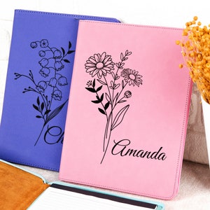 Personalized Birth Flower Zipper Portfolio, Flower Portfolio with Zipper, Leather Flower Padfolio, Gift For Her, Office Gifts, Birthday Gift