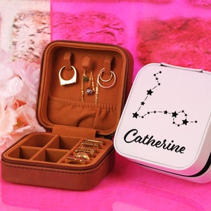 Custom Zodiac Star Jewelry Case, Engraved Jewelry Case, Zodiac Design Jewelry Box, Zodiac Jewelry Organizer, Gift For Her, Christmas Gift