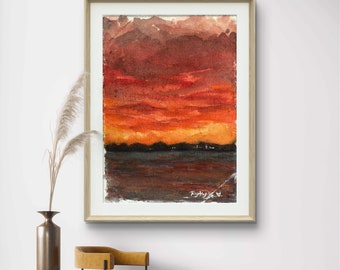 夕日のオリジナル水彩画、手描き水彩画、フレームなし - Etsy 日本