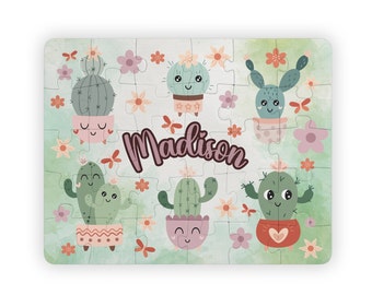 Rompecabezas personalizado de cactus para niños, lindo rompecabezas para niños de 30 piezas, rompecabezas personalizado para niñas, regalo personalizado para niños, rompecabezas de cactus de dibujos animados