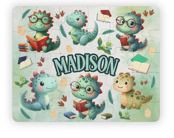 Rompecabezas de dinosaurio de lectura lindo personalizado para niños, lindo rompecabezas de 30 piezas para niños, rompecabezas de dinosaurio personalizado para niños, regalo personalizado para niños, lindo dinosaurio