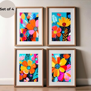 Printable Boho Abstract Flowers Wall Art Set of 4 Bright Modern Boho Floral Print Colorful Abstract Boho Wall Décor Digital Download