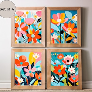 Printable Boho Abstract Flowers Wall Art Set of 4 Bright Modern Boho Floral Print Colorful Abstract Boho Wall Décor Digital Download