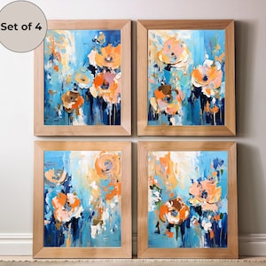 Printable Boho Abstract Flowers Wall Art Set of 4 Modern Boho Floral Print Colorful Abstract Boho Décor Terra Cotta Blue Digital Download