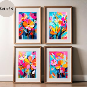 Printable Boho Abstract Flowers Wall Art Set of 4 Bright Modern Boho Floral Print Colorful Abstract Boho Wall Décor Digital Download