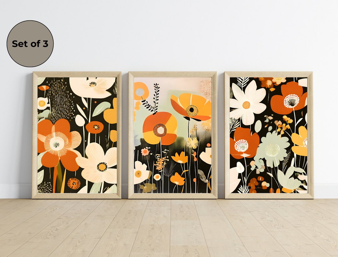 Printable Boho Abstract Flowers Wall Art Set of 3 Modern Boho Floral ...