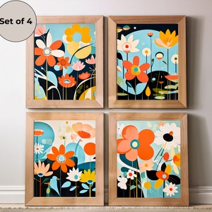 Printable Boho Abstract Flowers Wall Art Set of 4 Bright Modern Boho Floral Print Colorful Abstract Boho Wall Décor Digital Download