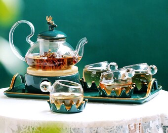 Green Glass Teapot Set, Teapot with Heater, Afternoon Tea Tea Set, Flower Teapot Set, Stovetop Safe Teapot,Teapot with Tea Set,Birthday Gift