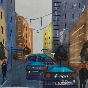 May include: Watercolor painting of a city street scene. Buildings in shades of yellow, brown, and blue line the street. Cars with blue tops and red taillights drive down the road. Two figures in dark coats and red hats walk on the sidewalks.